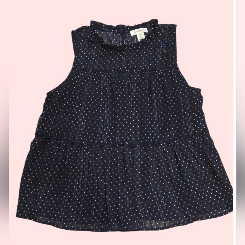 Madewell Navy Polka Dot Sleeveless Ruffle Neck Top